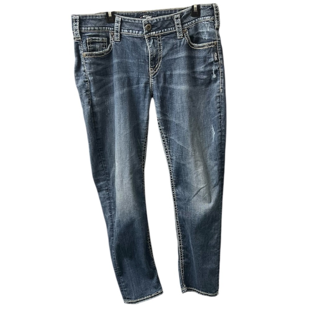 SILVER JEANS Womens Suki Blue Contrast Trim Bootcut Jeans Dark Wash Size 34x27